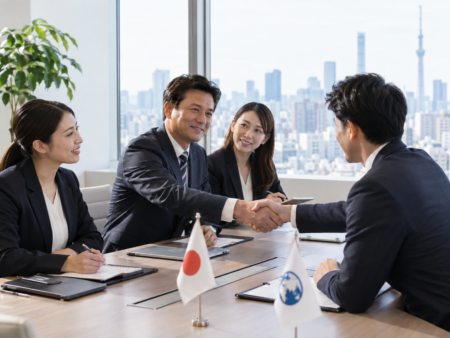 日本企業と外国企業による商談・ビジネス交流のイメージ